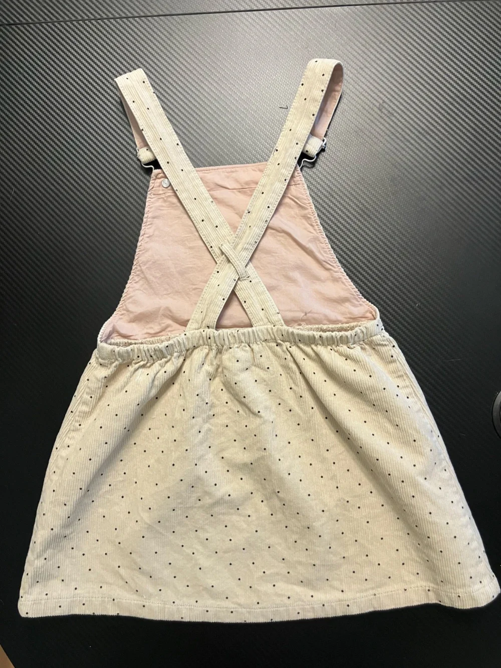 Zara Cream Corduroy Overall Dress with Navy Dot Print